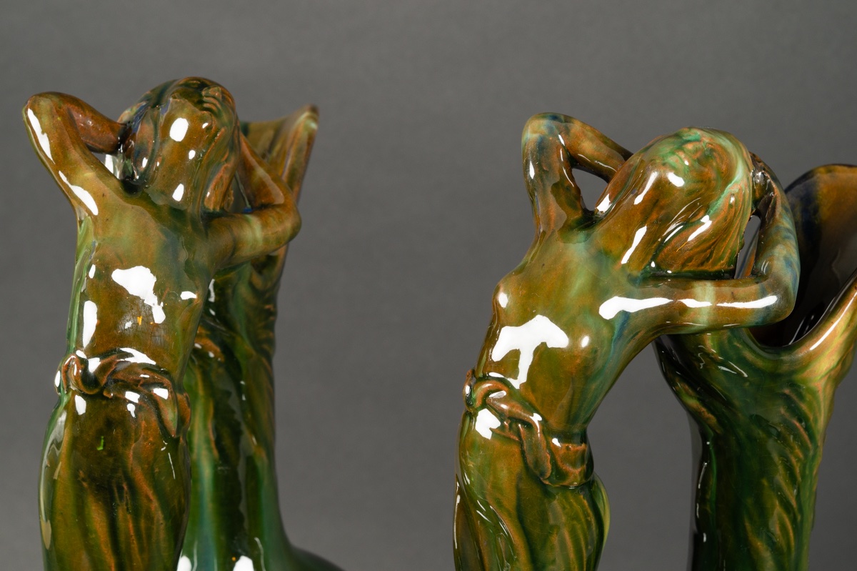 Paire De Pichets Jérôme Massier, Vallauris, Art Nouveau, Vers 1900.-photo-2