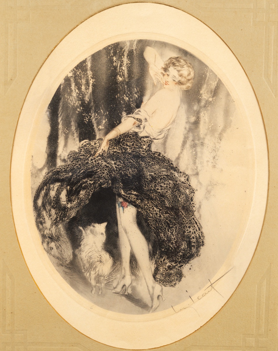 Femme avec chien, Louis Icart (1888 - 1950), Art déco, France, années 1920/30. -photo-3