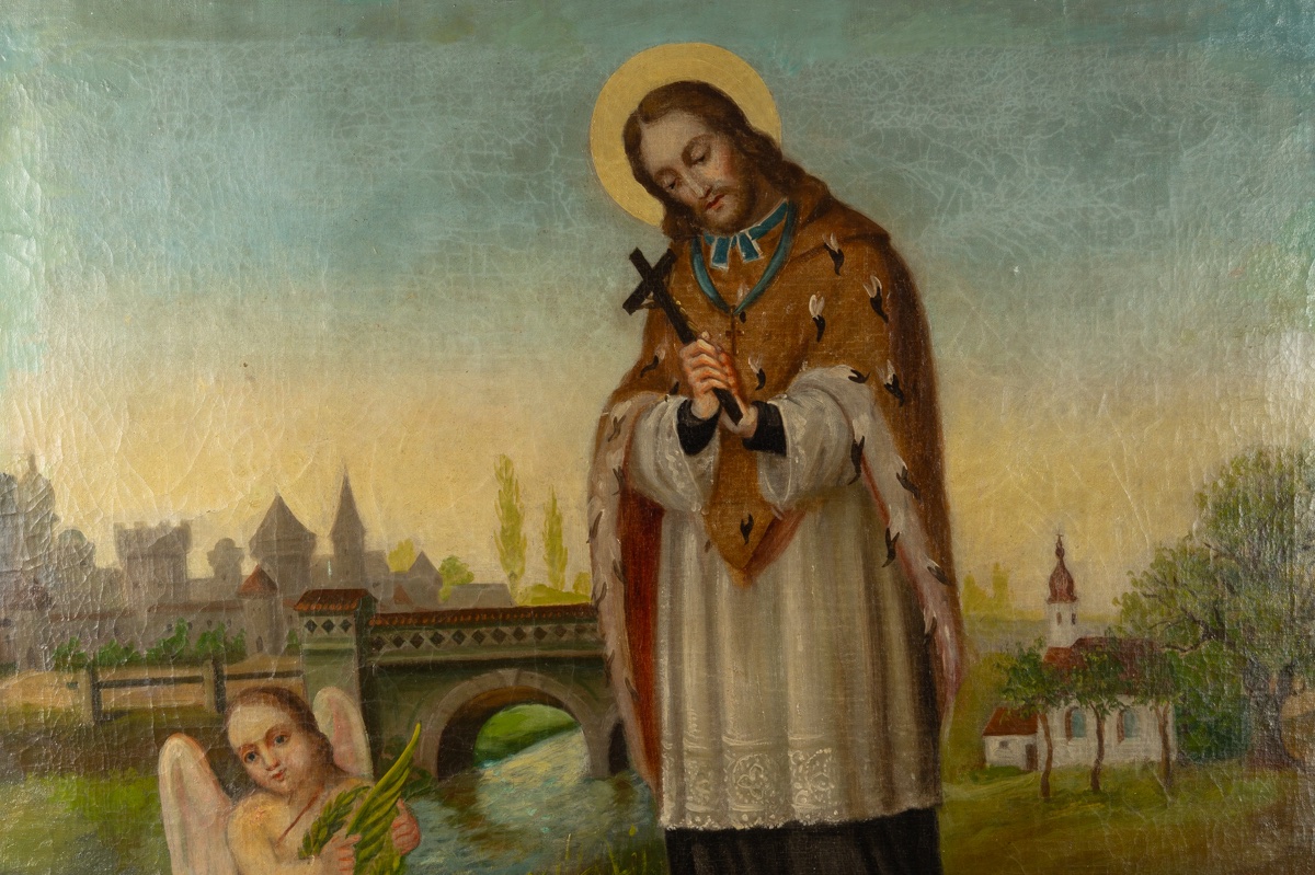 Saint Jean de Népomucène avec un ange, huile sur toile, 19e - 20e siècle. -photo-3