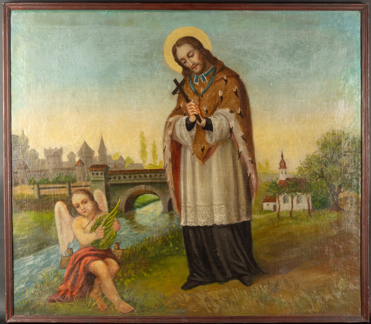 Saint Jean de Népomucène avec un ange, huile sur toile, 19e - 20e siècle. 