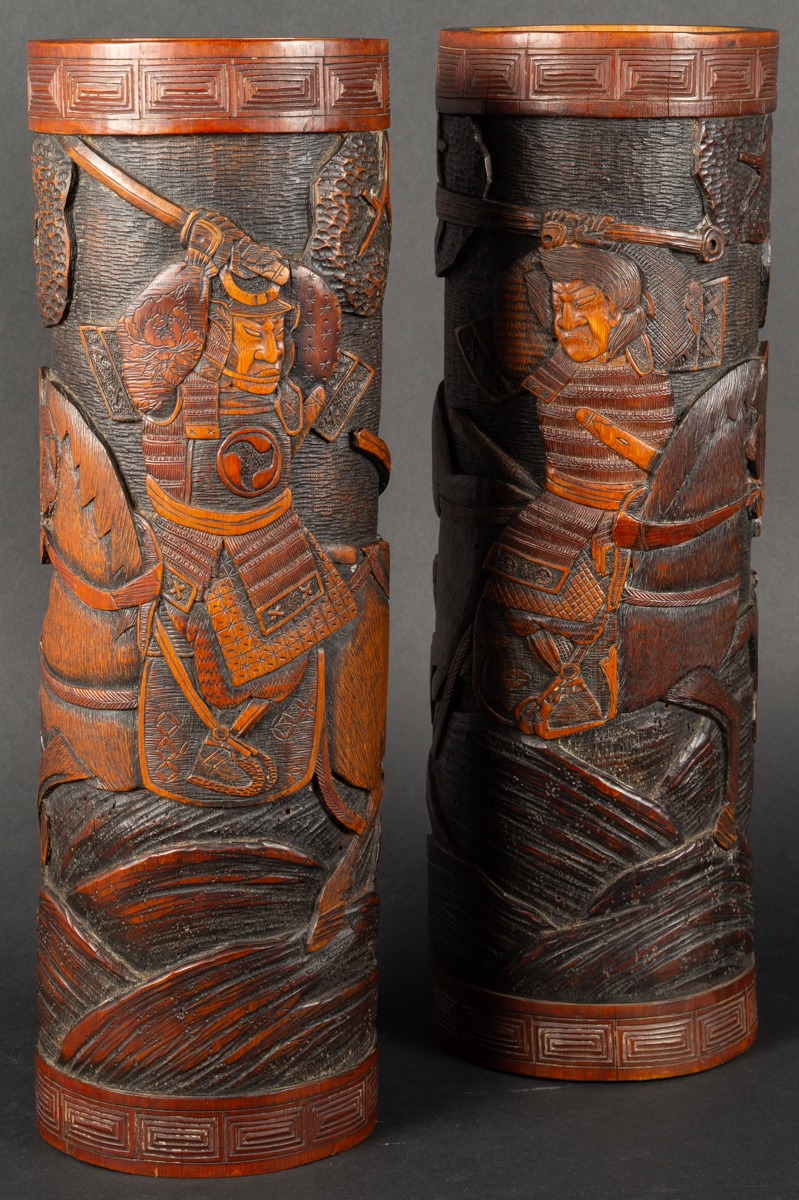Paire de sculptures en bambou représentant des samouraïs, Japon, ère Meiji (1868-1912).-photo-1