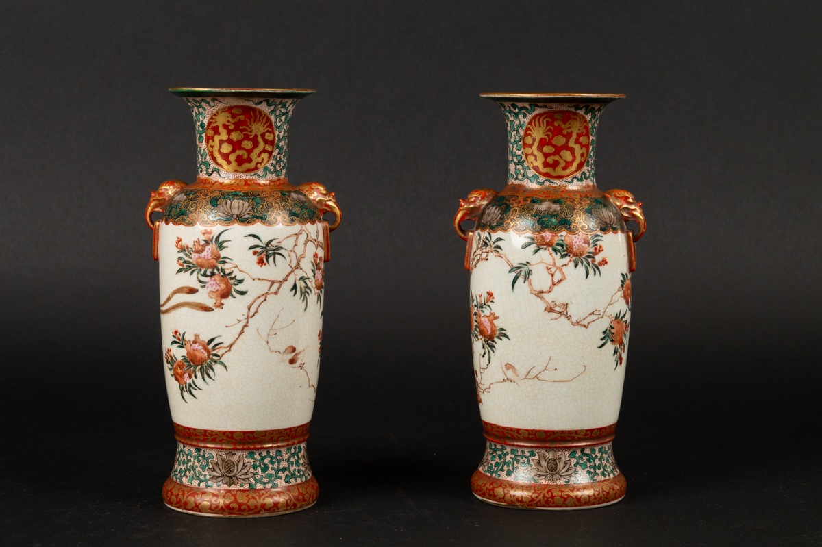 Pair Of Vases With Phoenixes, Signed, Kutani, Japan, Meiji Period (1868-1912). -photo-3