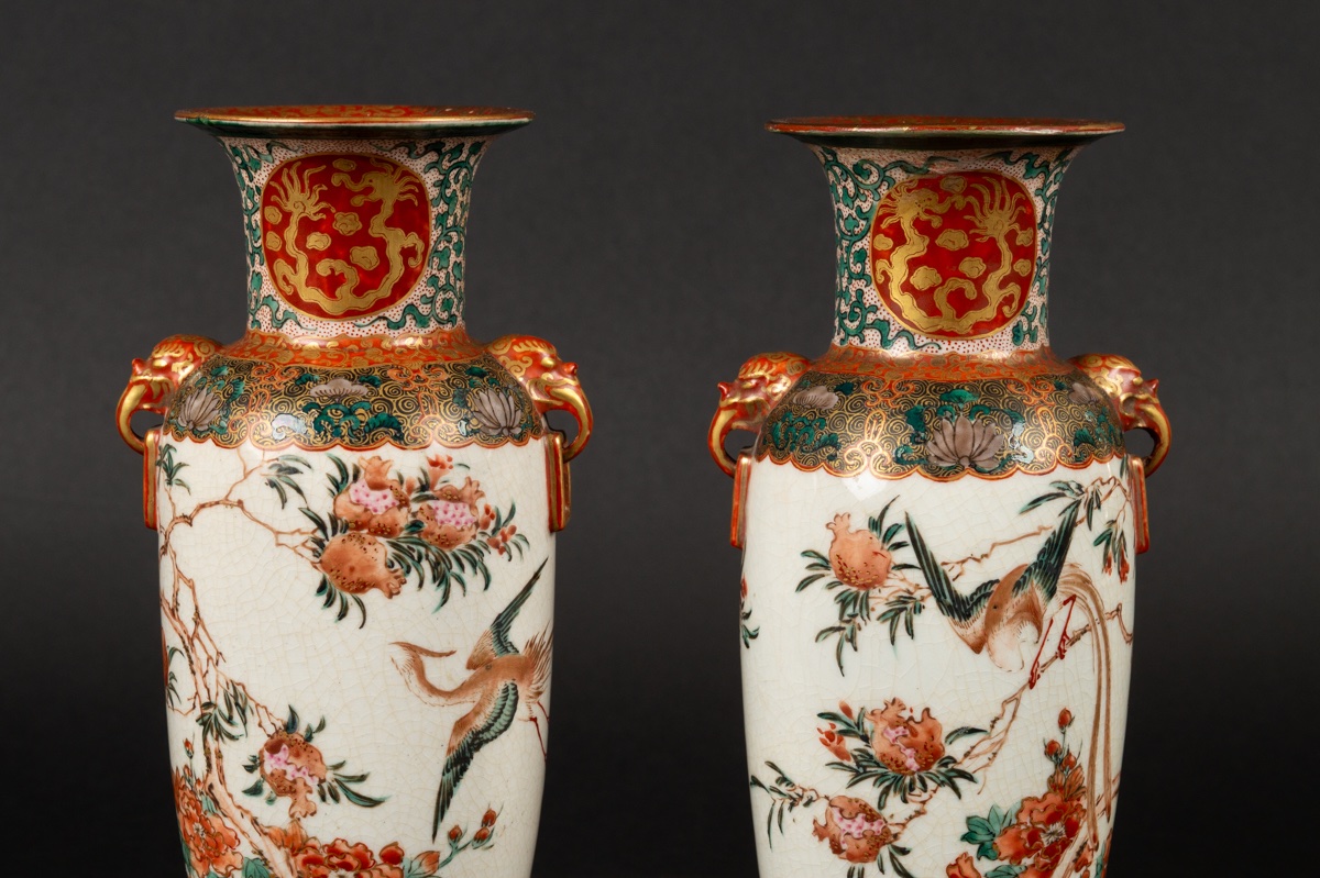 Pair Of Vases With Phoenixes, Signed, Kutani, Japan, Meiji Period (1868-1912). -photo-1