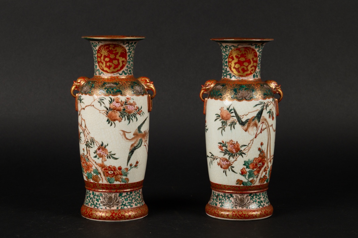 Pair Of Vases With Phoenixes, Signed, Kutani, Japan, Meiji Period (1868-1912). 