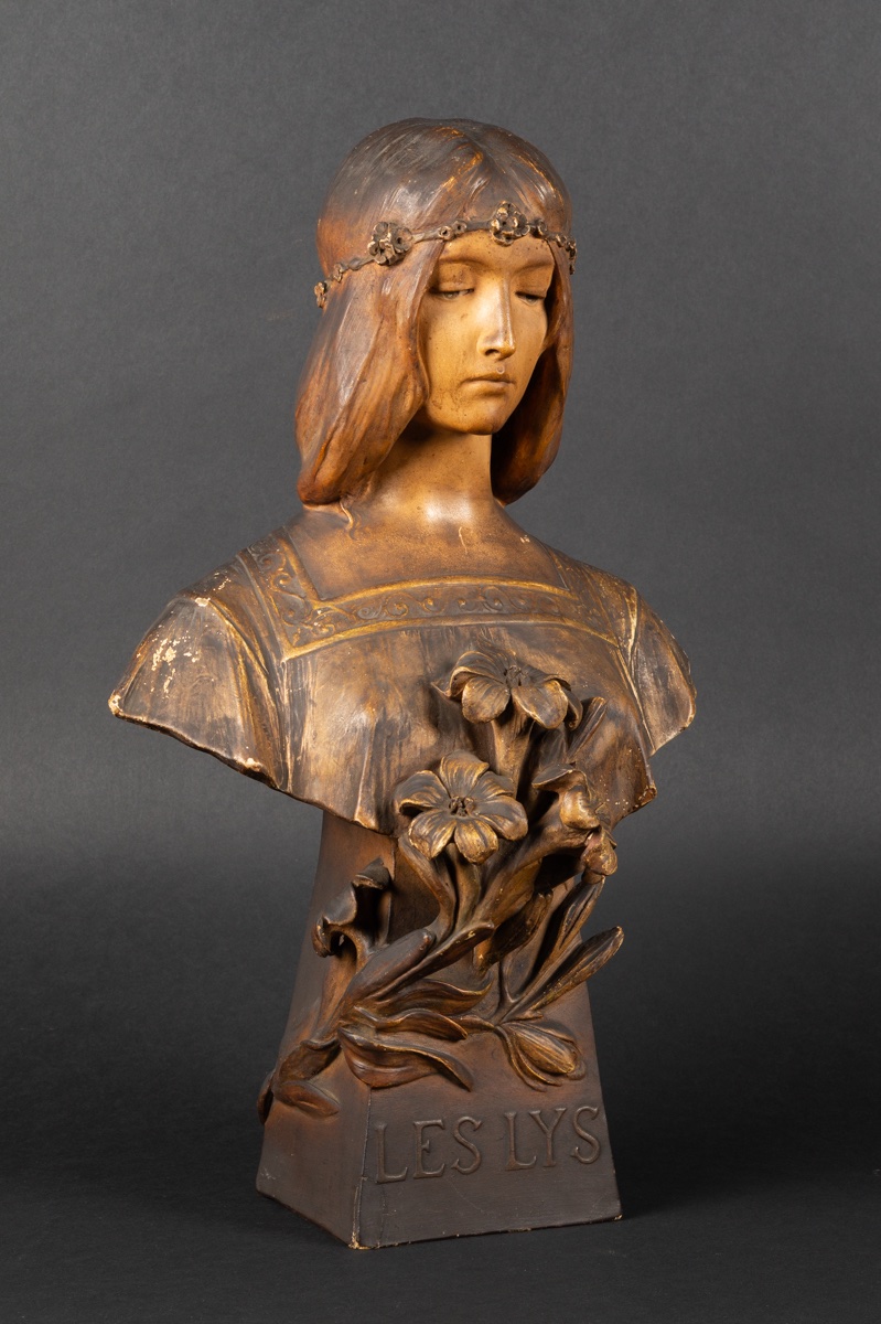 Bust Of A Woman "the Lilies", Goldscheider, Austria, Art Nouveau, Circa 1900. -photo-2