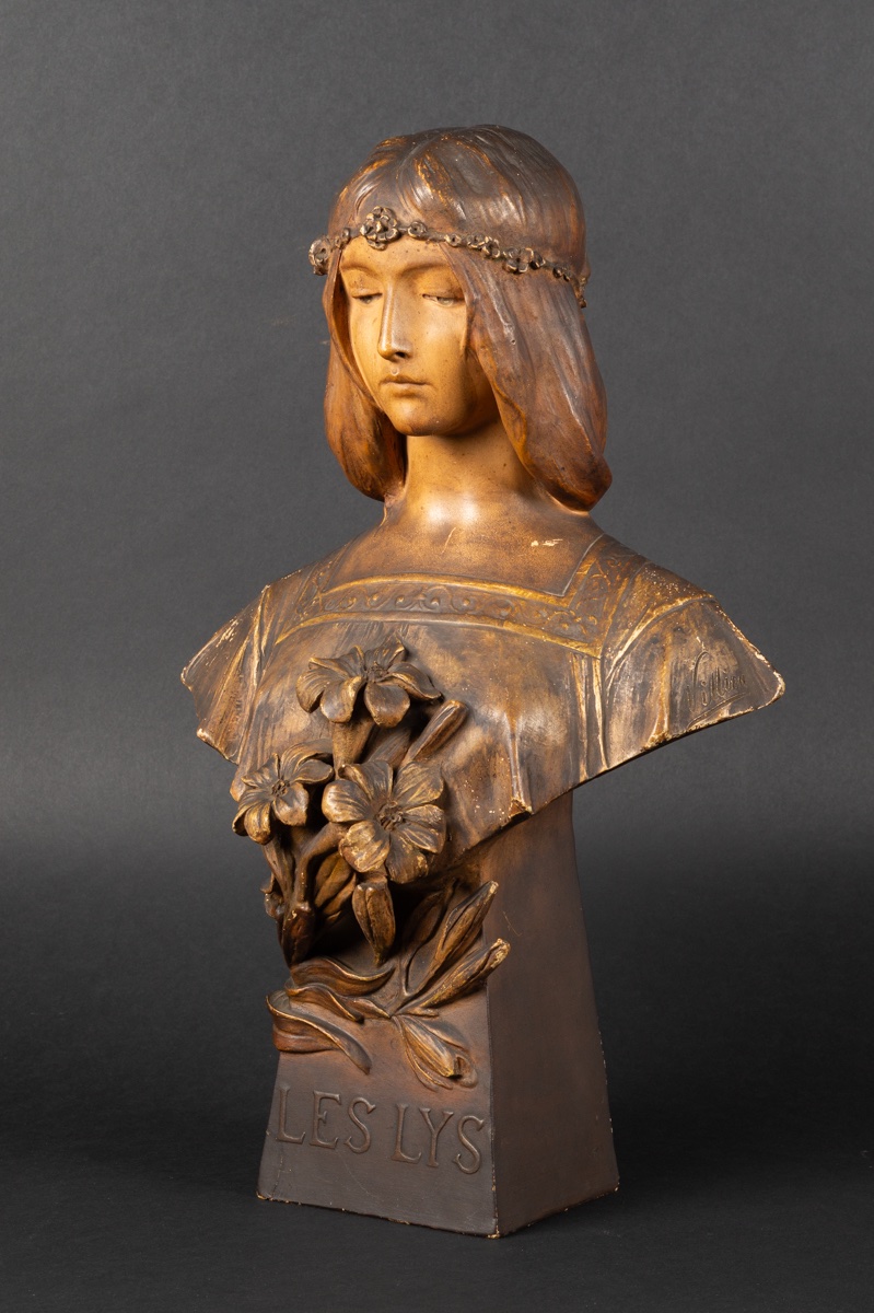 Bust Of A Woman "the Lilies", Goldscheider, Austria, Art Nouveau, Circa 1900. -photo-3