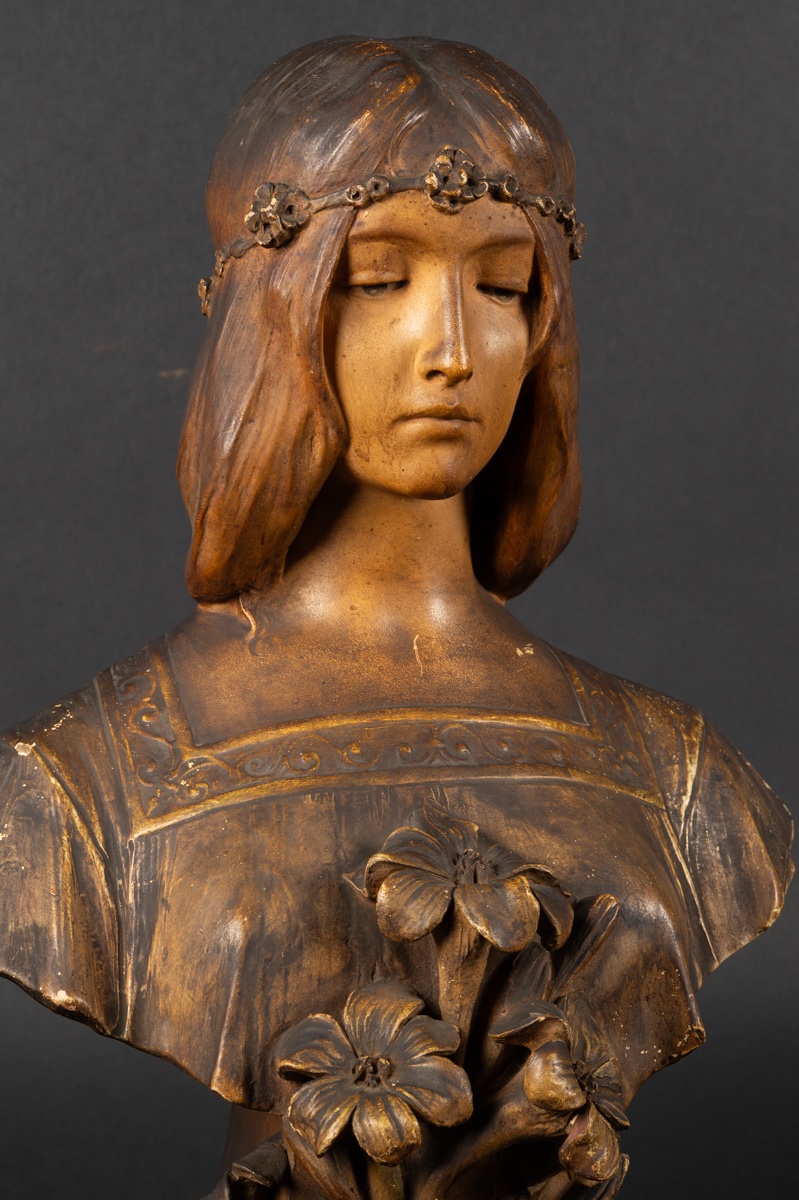 Bust Of A Woman "the Lilies", Goldscheider, Austria, Art Nouveau, Circa 1900. -photo-2