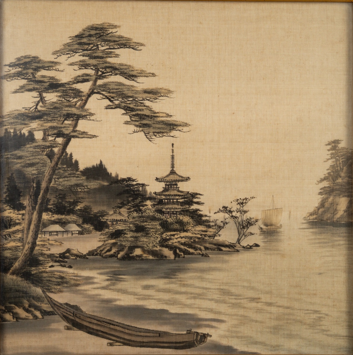 Pagode sur une île, broderie Yuzen Birodo, Japon, ère Meiji (1868-1912).  -photo-2