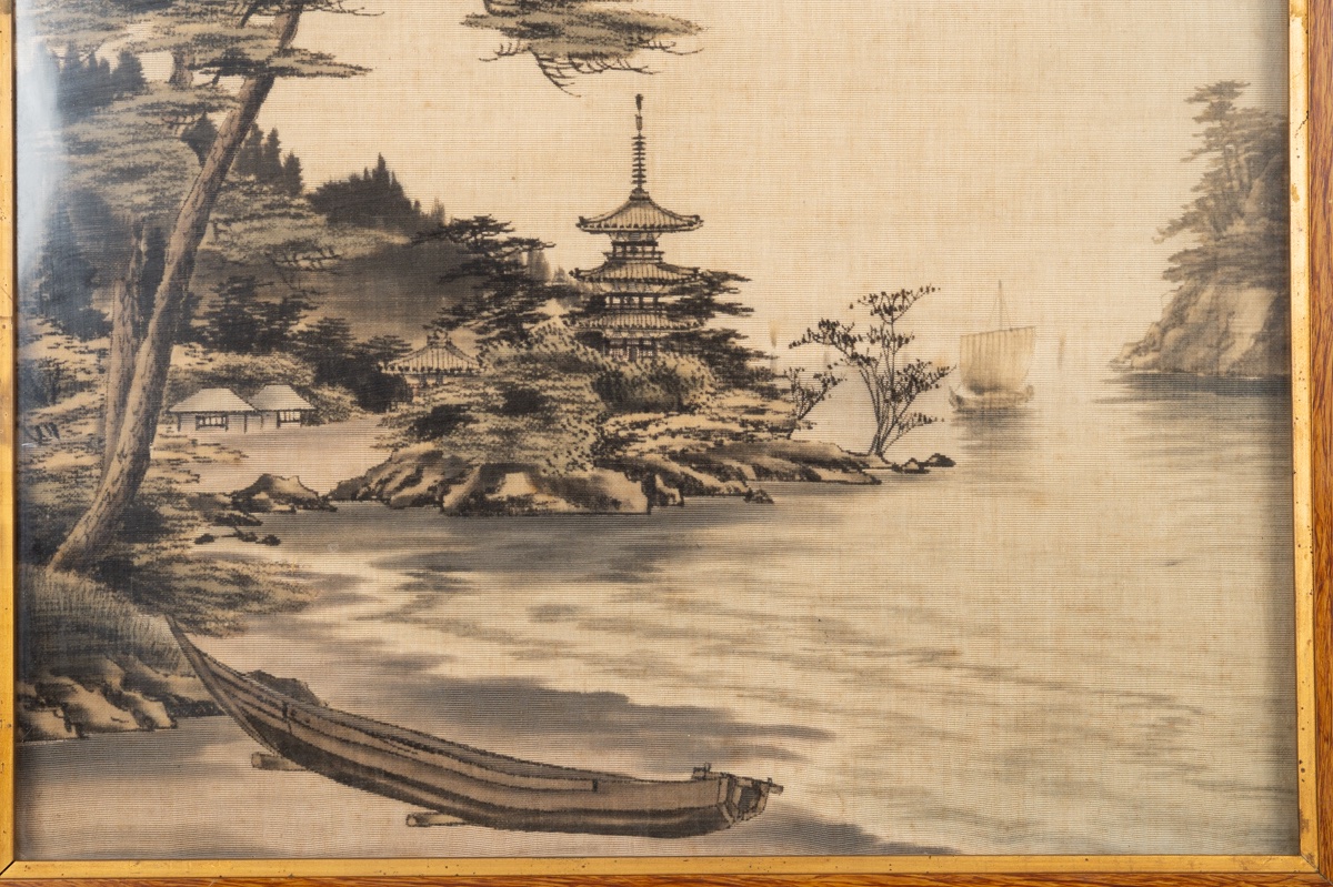 Pagode sur une île, broderie Yuzen Birodo, Japon, ère Meiji (1868-1912).  -photo-4