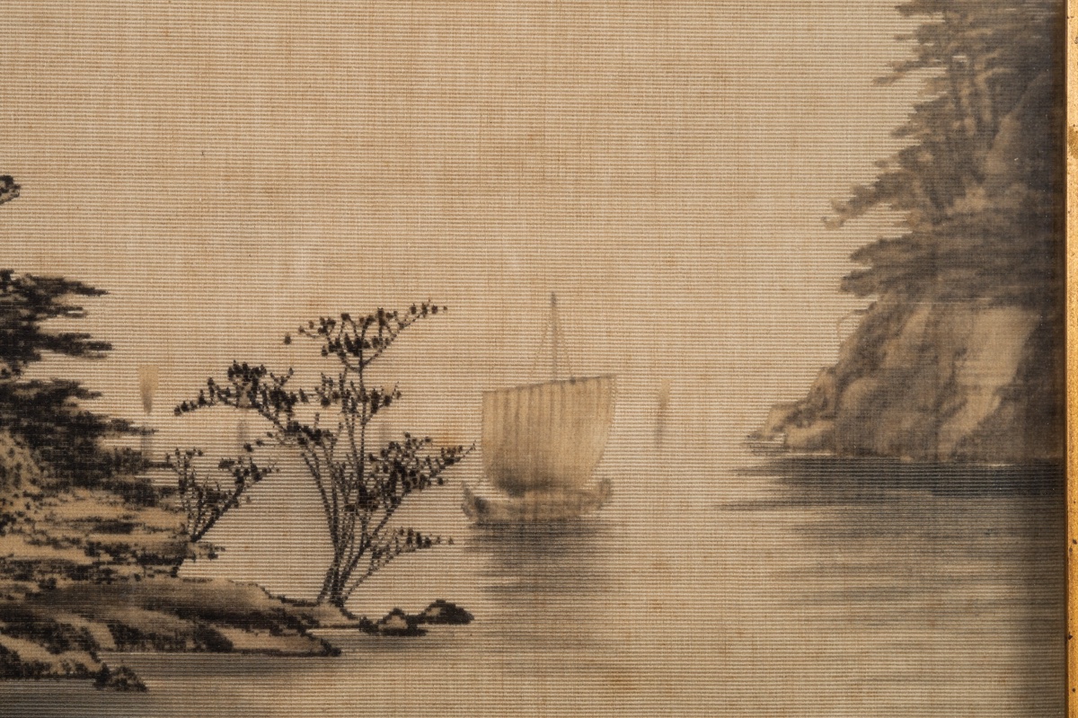 Pagode sur une île, broderie Yuzen Birodo, Japon, ère Meiji (1868-1912).  -photo-3