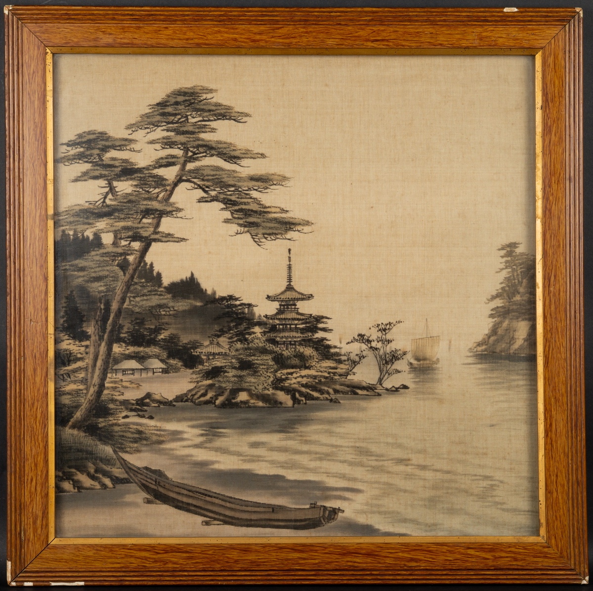 Pagode sur une île, broderie Yuzen Birodo, Japon, ère Meiji (1868-1912).  
