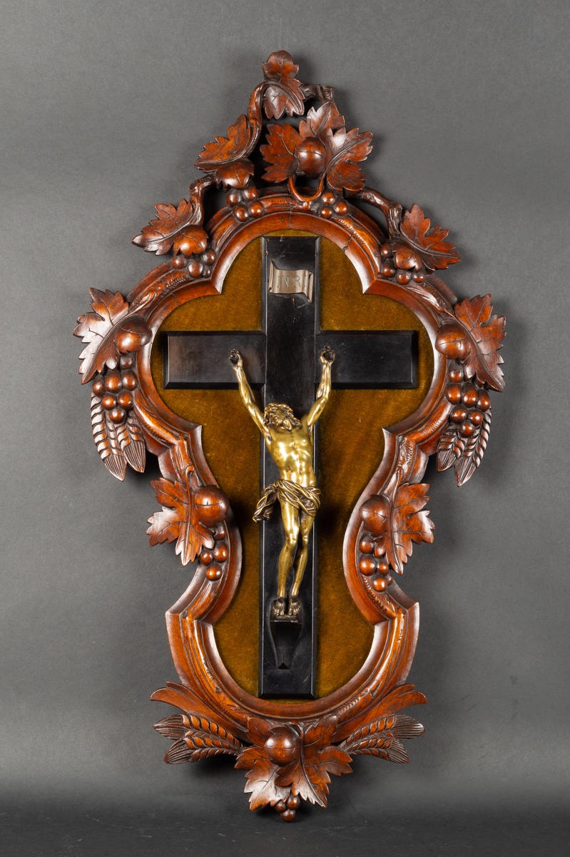 Crucifix In A Sculpted Frame, Bronze, France, 17th-19th Century  -photo-2