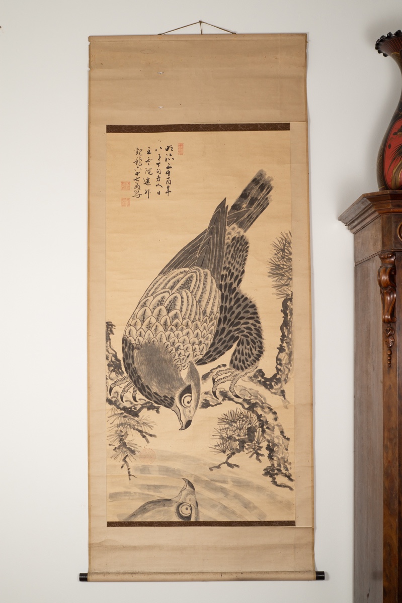 Falcon Looking At Its Reflection, Ryūzan, Kakemono, Sumi-e, Japan, Meiji Era, 1896. 