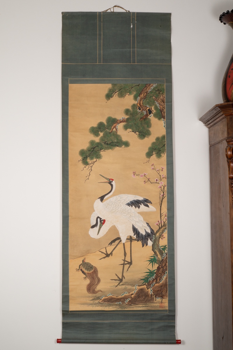 Couple de grues et tortue, Kanō, kakemono, Japon, XIXe siècle. 