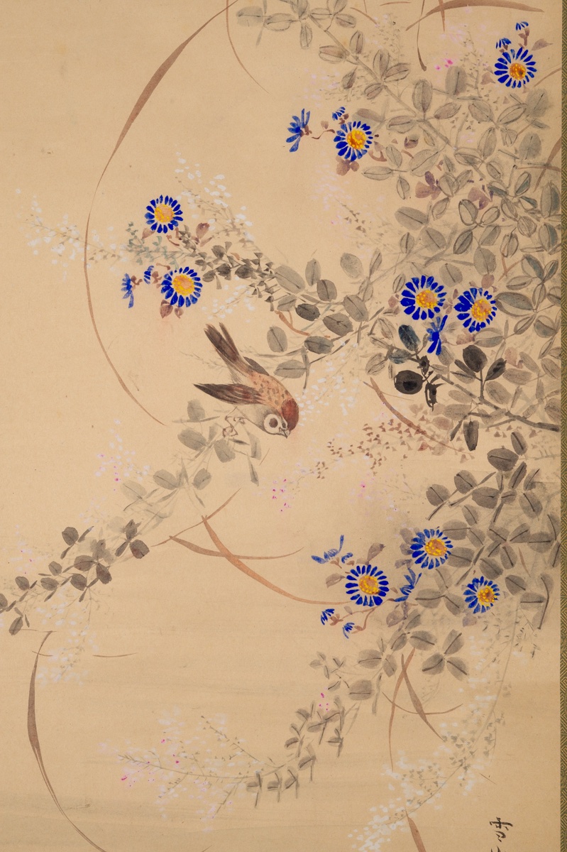 Pair Of Sparrows And Flowers, Unzan, Kakemono, Japan, 19th-20th Century-photo-1