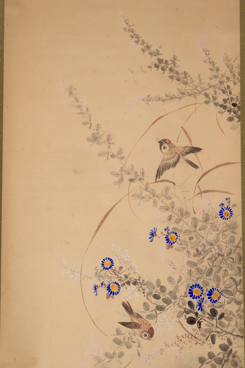 Pair Of Sparrows And Flowers, Unzan, Kakemono, Japan, 19th-20th Century-photo-2