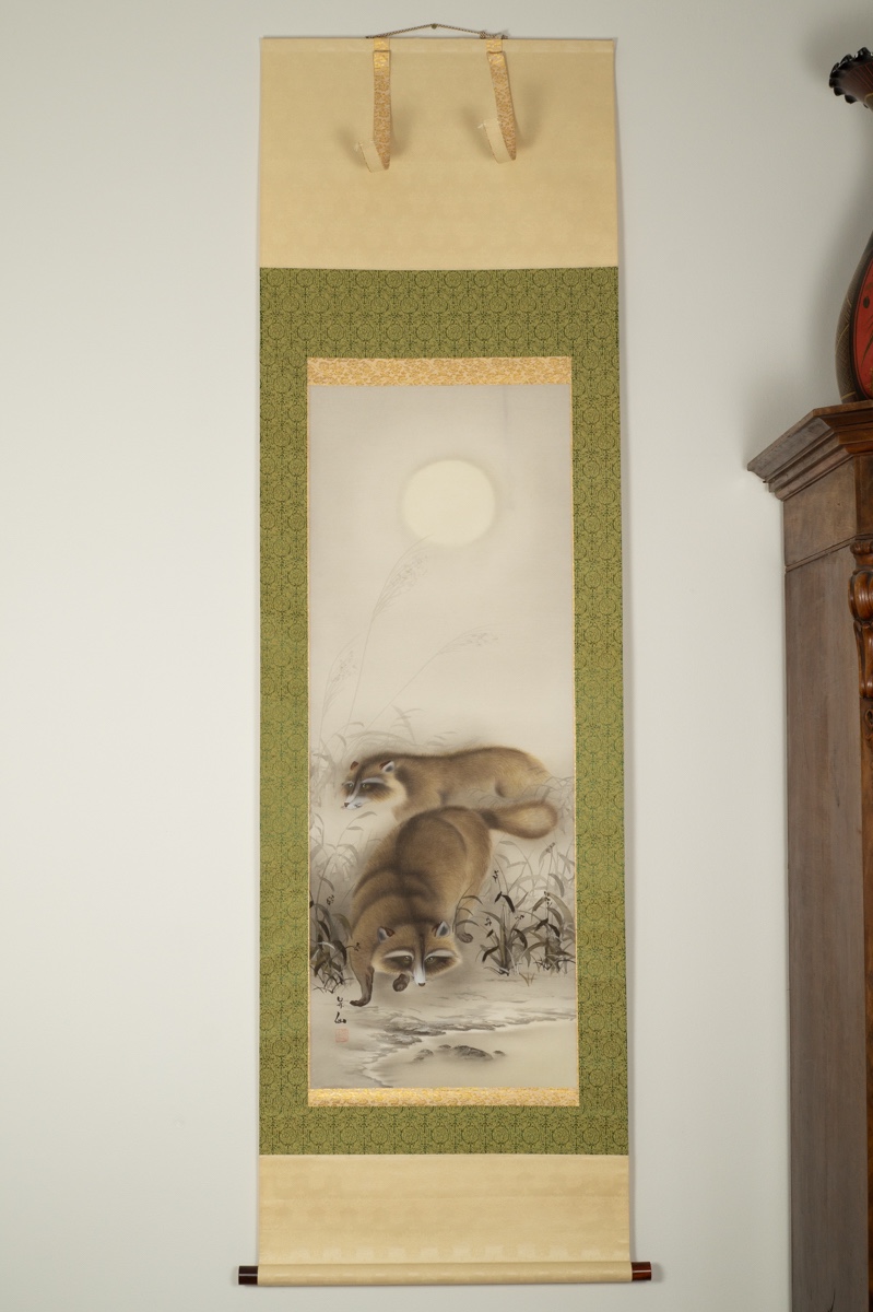 Tanuki Couple And The Moon, Shōsen, Kakemono, Japan, 20th Century. 