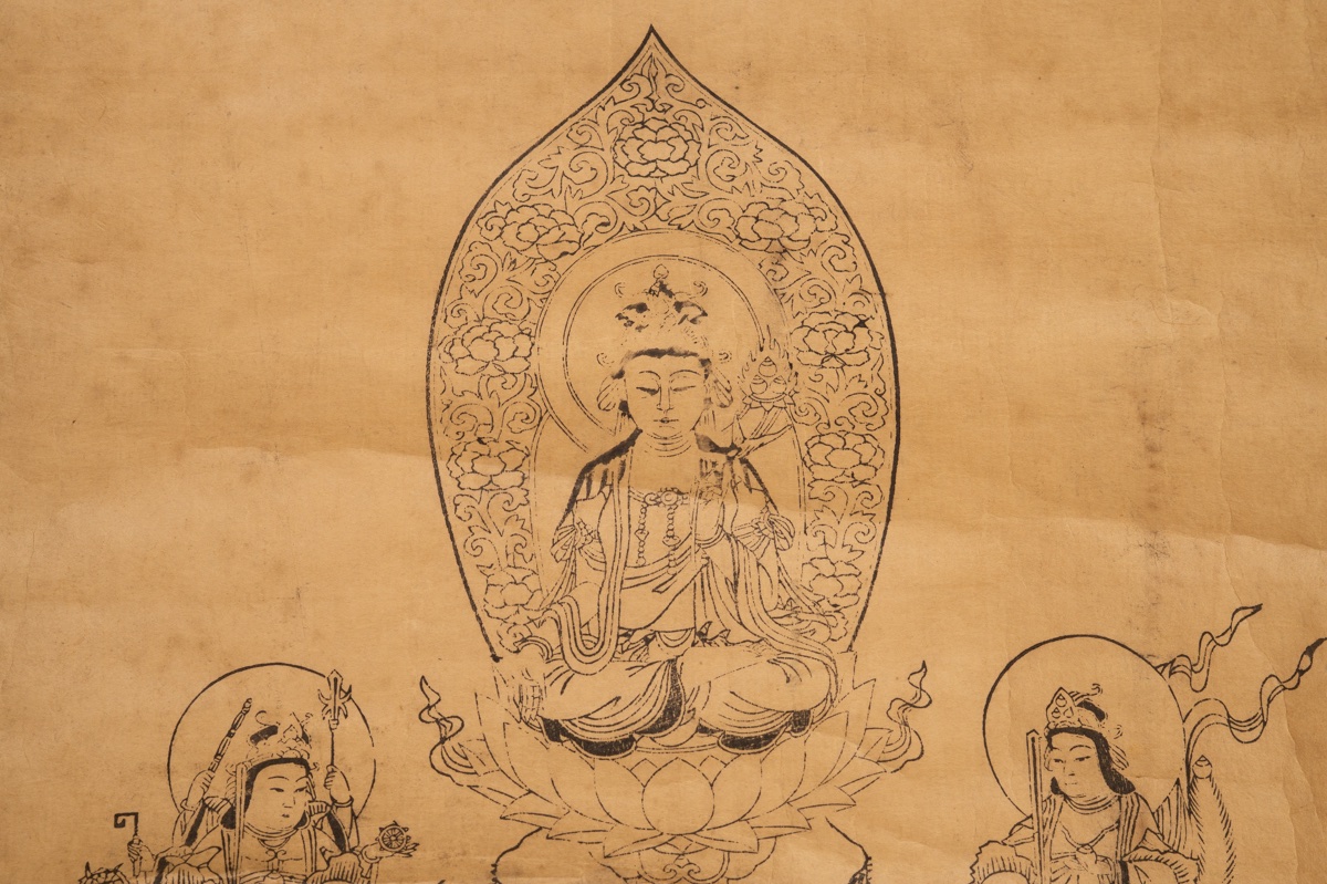 Bouddha avec des figures, gravure sur bois, kakemono, Japon, période Edo, XIXe siècle.-photo-1
