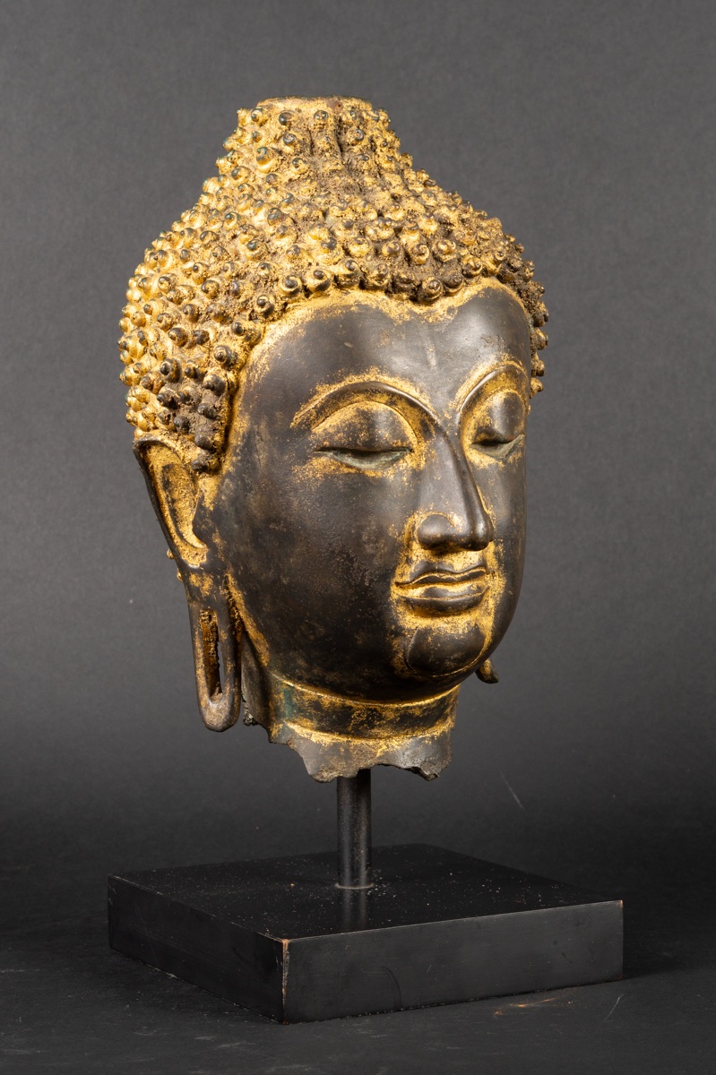 Tête de Bouddha, bronze doré, Thaïlande, XIXe-XXe siècle. -photo-2