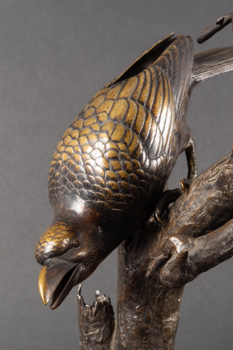 Crow On A Branch, Signed, Bronze, Japan, Meiji Era (1868-1912).  