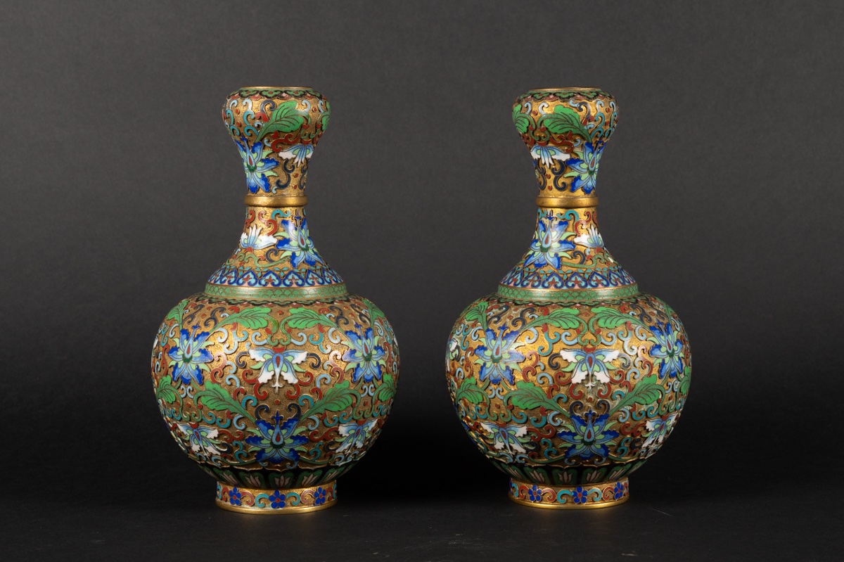Pair Of Vases, Cloisonné, China, Early 20th Century.-photo-3