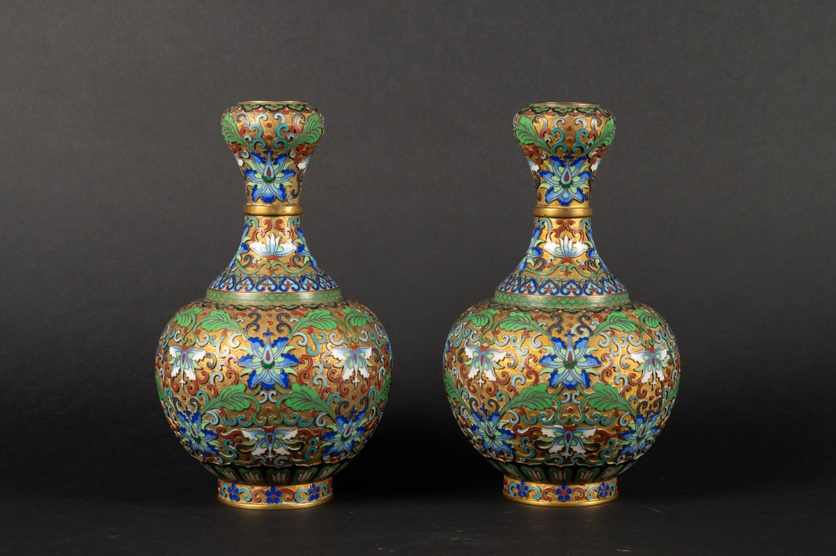 Pair Of Vases, Cloisonné, China, Early 20th Century.