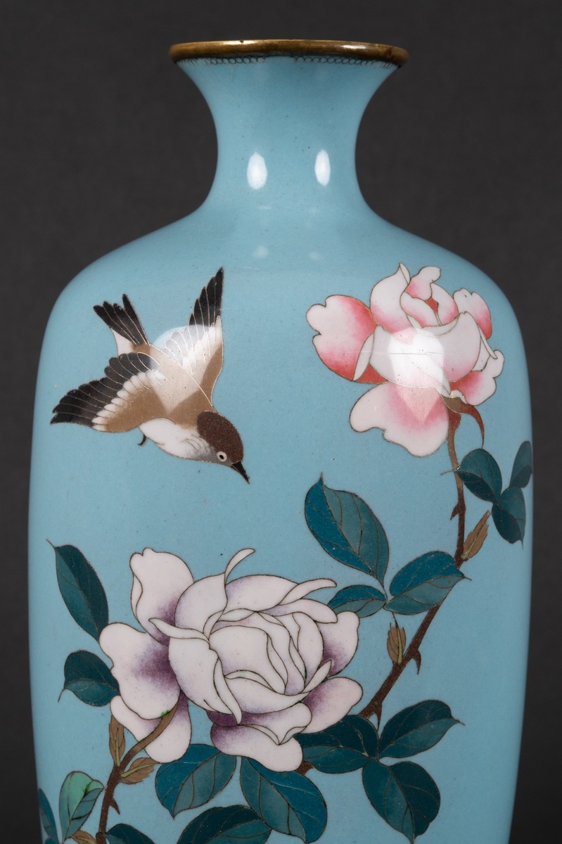 Vase With Roses, Cloisonné, Japan, Meiji / Taisho Period, Early 20th Century-photo-3