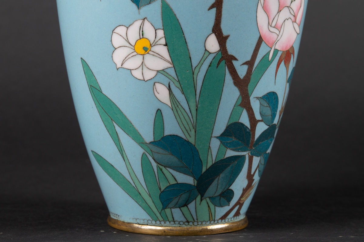 Vase With Roses, Cloisonné, Japan, Meiji / Taisho Period, Early 20th Century-photo-6