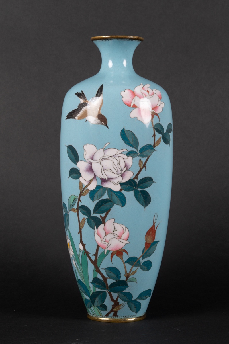 Vase With Roses, Cloisonné, Japan, Meiji / Taisho Period, Early 20th Century