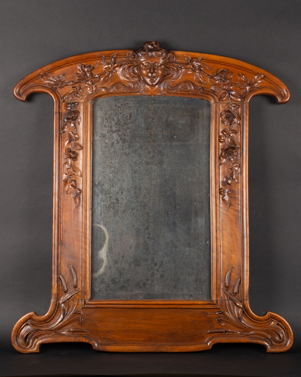 Carved Walnut Mirror, Lyon, Cl. Marotte, Art Nouveau, Circa 1900-photo-2