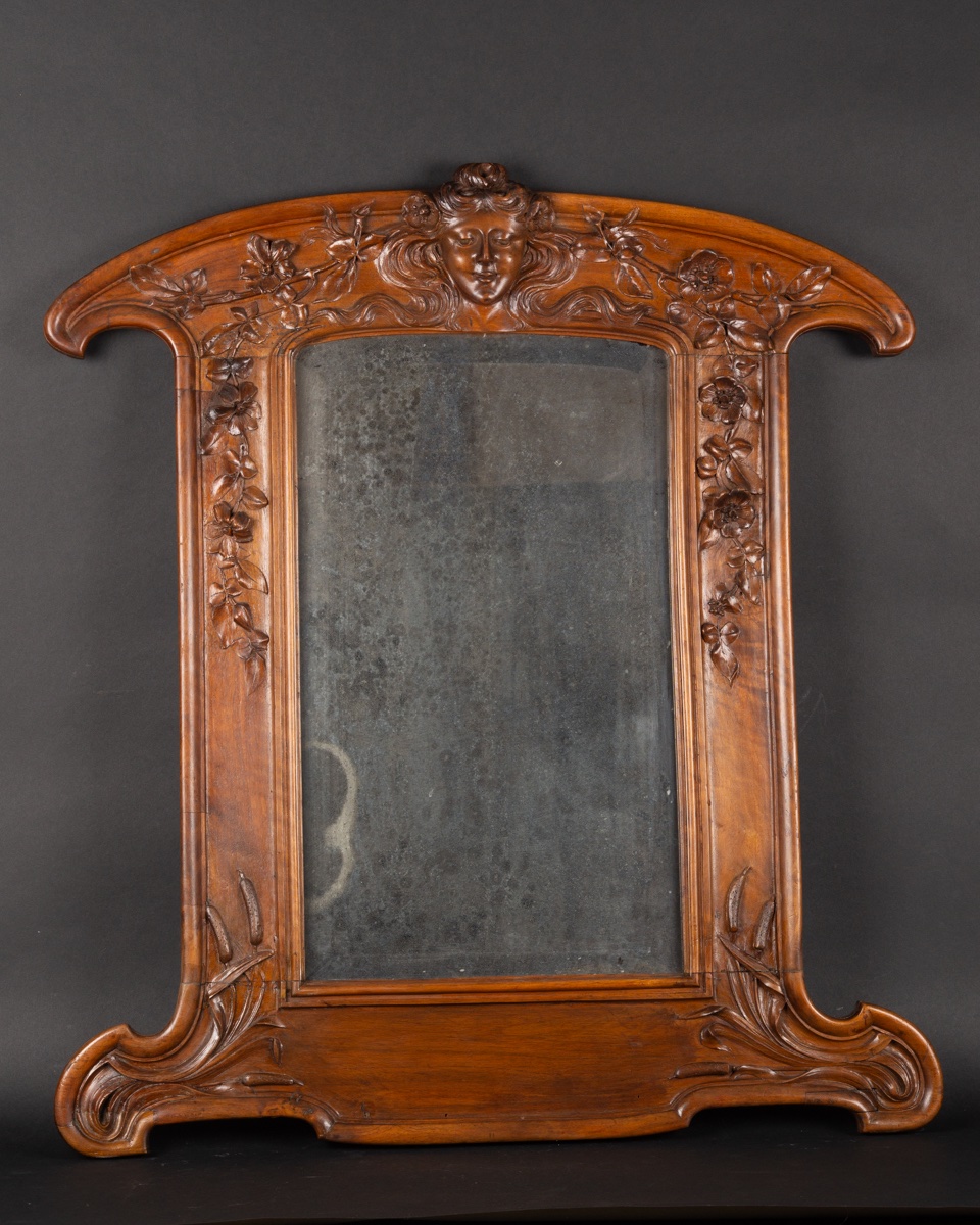 Carved Walnut Mirror, Lyon, Cl. Marotte, Art Nouveau, Circa 1900-photo-3
