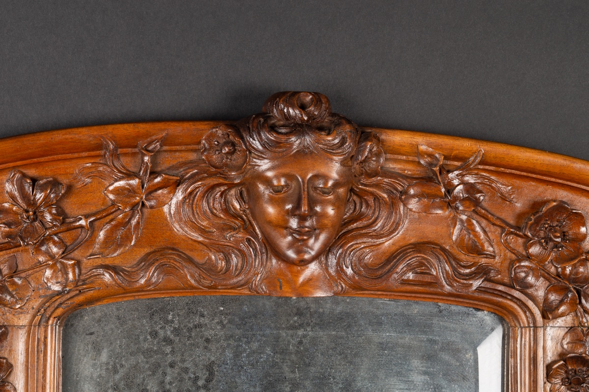 Carved Walnut Mirror, Lyon, Cl. Marotte, Art Nouveau, Circa 1900-photo-1