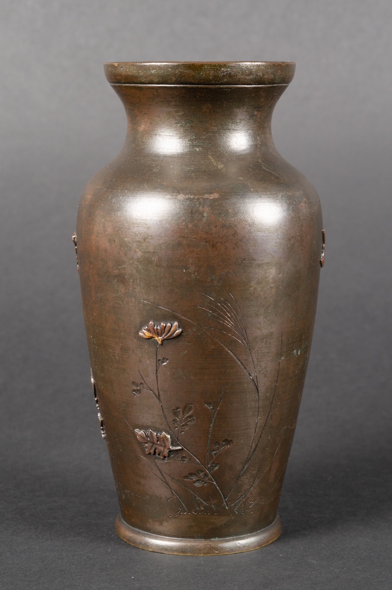 Vase avec oiseaux et fleurs, bronze, Japon, époque Meiji (1868-1912). -photo-3
