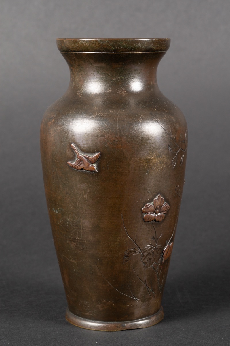 Vase avec oiseaux et fleurs, bronze, Japon, époque Meiji (1868-1912). -photo-4