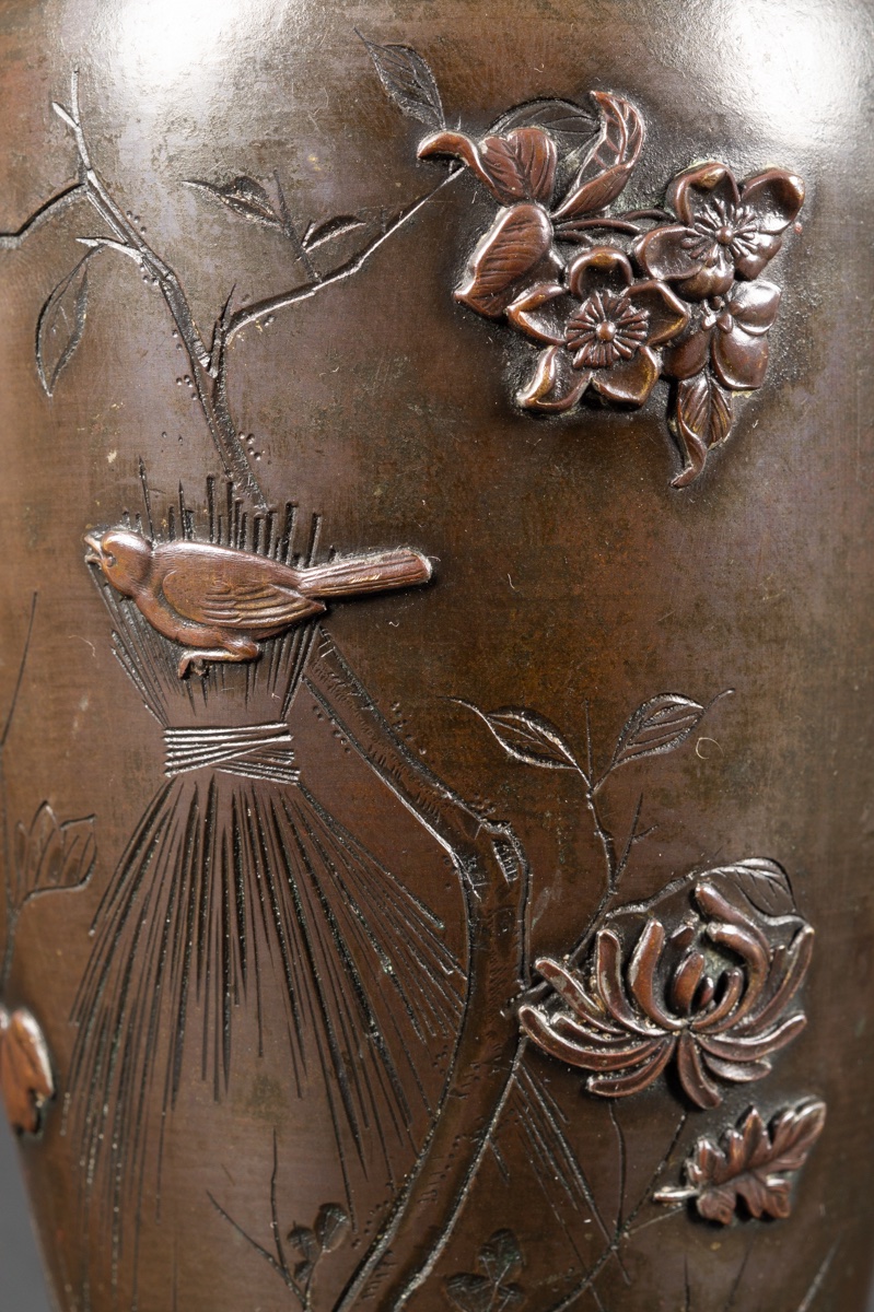 Vase avec oiseaux et fleurs, bronze, Japon, époque Meiji (1868-1912). -photo-3