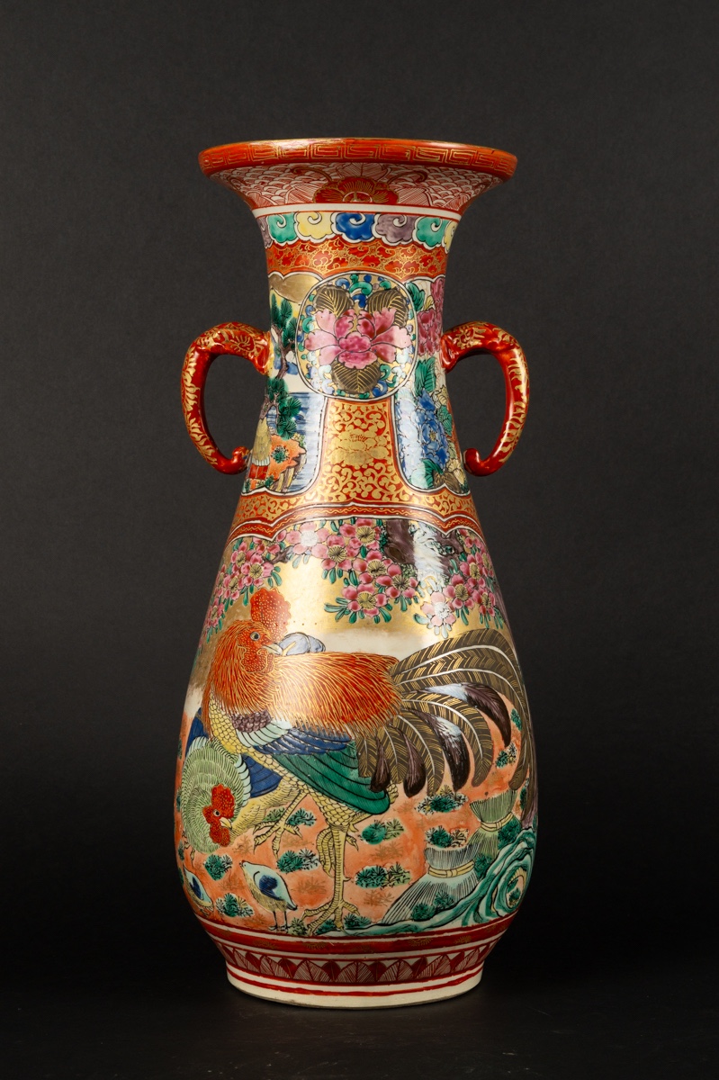 Vase With Hen And Rooster, Signed, Kutani, Japan, Meiji Period (1868-1912).  