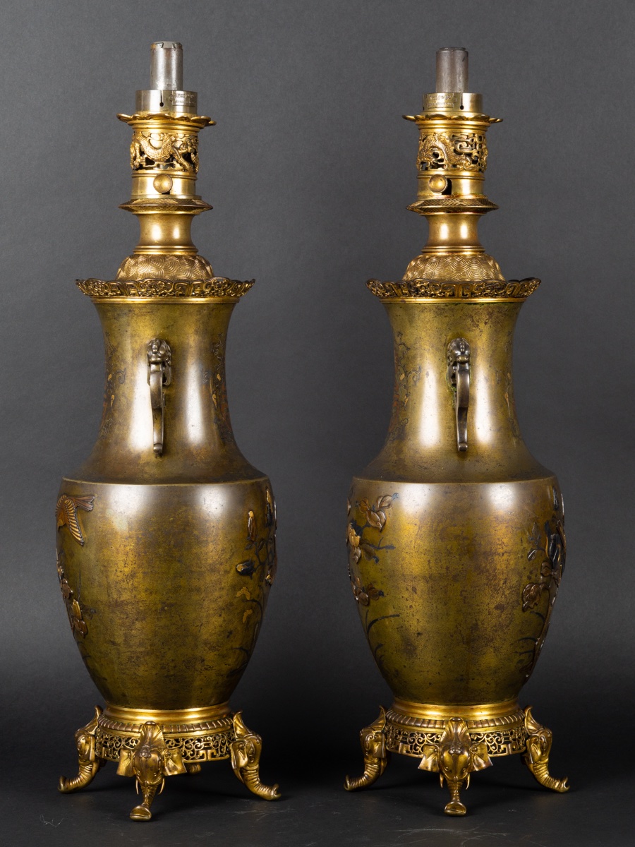 Paire de lampes en bronze incrusté, Susse Frères, Japon, France, 2e moitié du XIXe siècle.  -photo-2