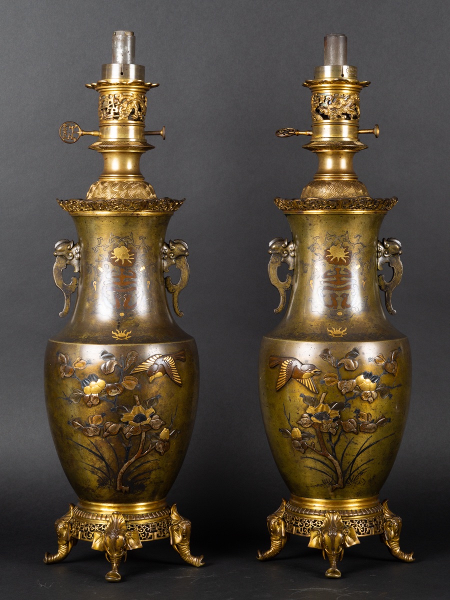 Paire de lampes en bronze incrusté, Susse Frères, Japon, France, 2e moitié du XIXe siècle.  -photo-3