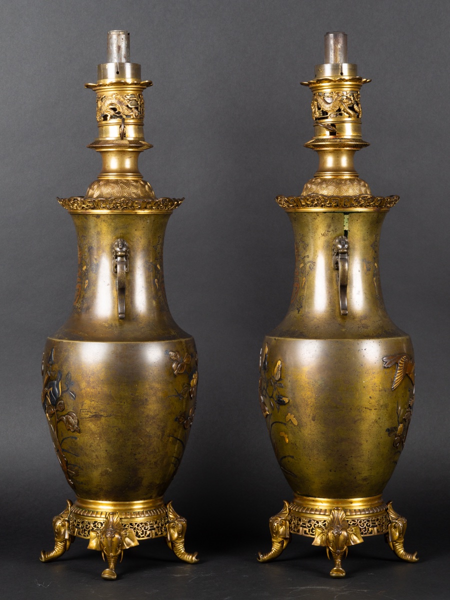 Paire de lampes en bronze incrusté, Susse Frères, Japon, France, 2e moitié du XIXe siècle.  -photo-4