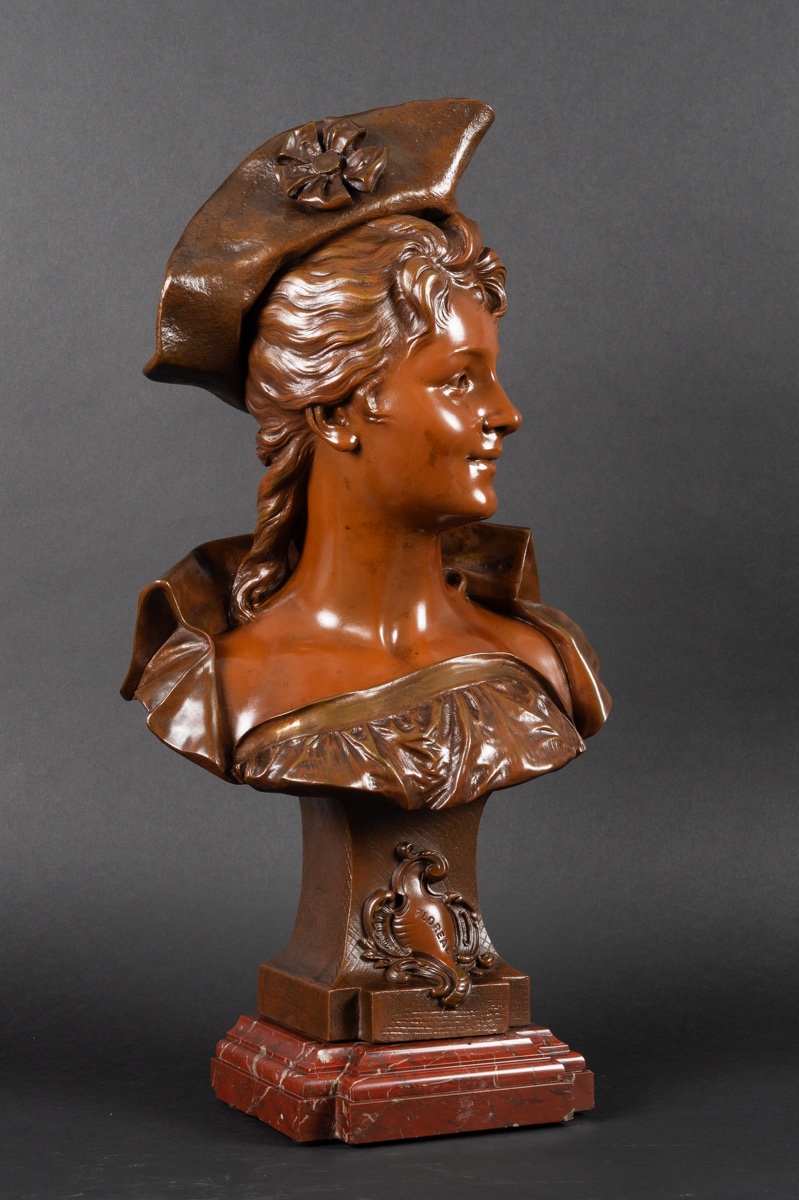 Buste de dame au chapeau, Émile Pinedo (1840-1916), bronze, France, fin du XIXe siècle   -photo-2