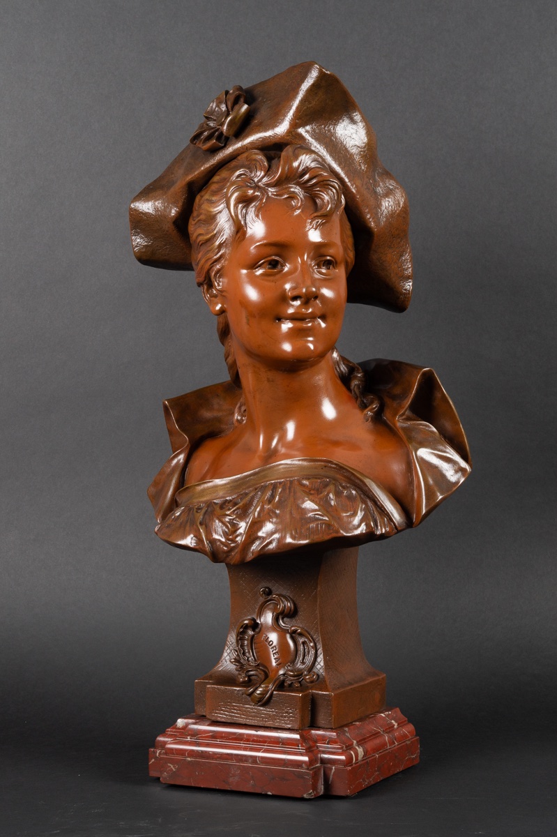 Buste de dame au chapeau, Émile Pinedo (1840-1916), bronze, France, fin du XIXe siècle   -photo-3
