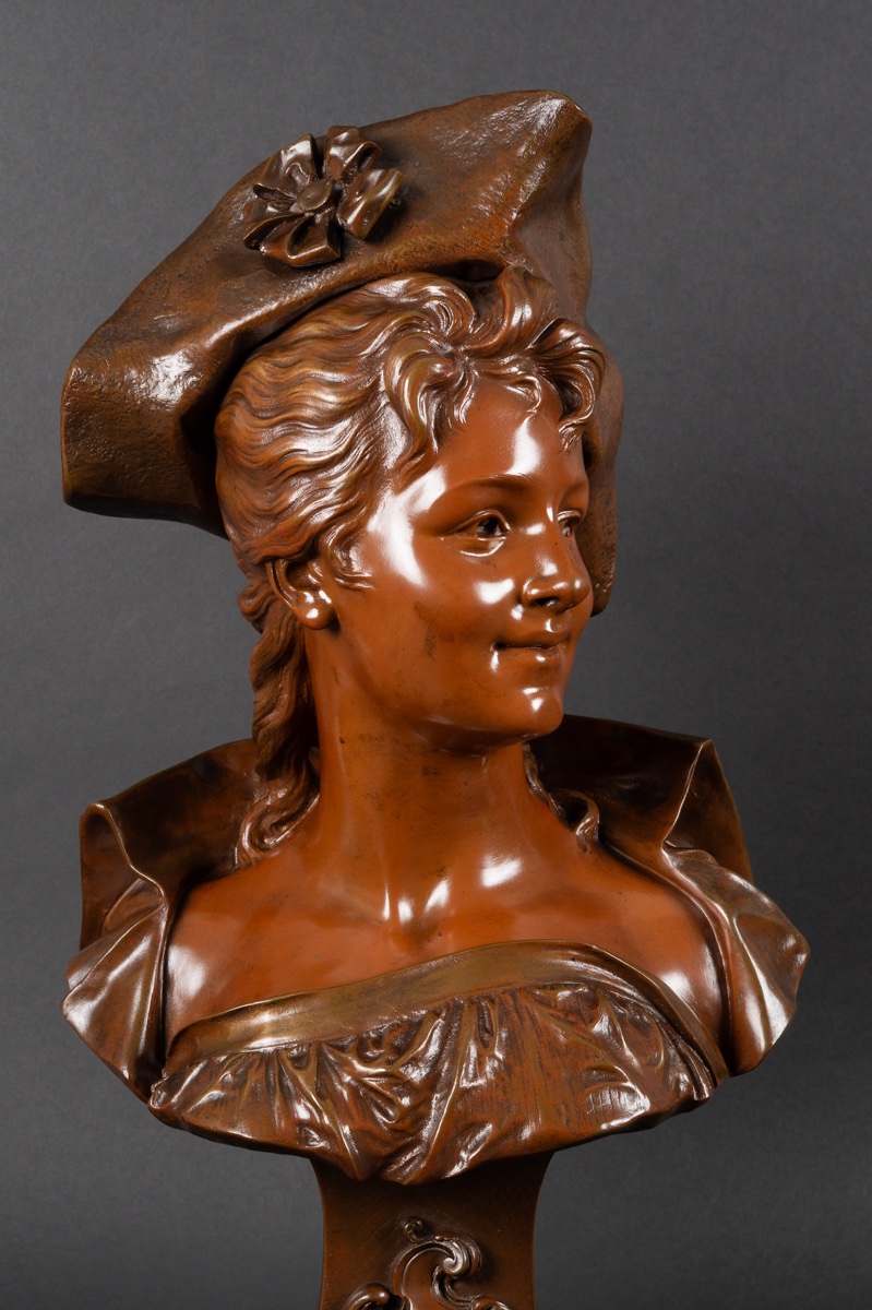 Buste de dame au chapeau, Émile Pinedo (1840-1916), bronze, France, fin du XIXe siècle   -photo-1