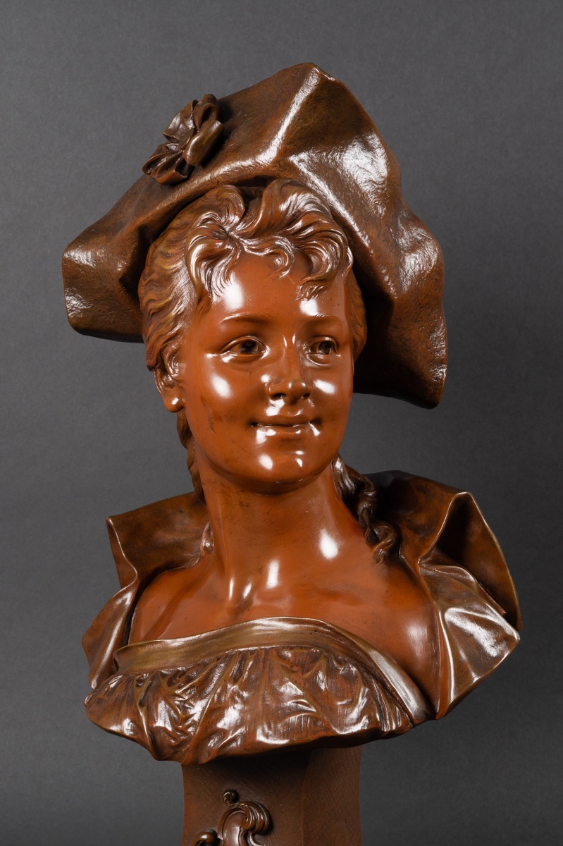 Buste de dame au chapeau, Émile Pinedo (1840-1916), bronze, France, fin du XIXe siècle   -photo-2