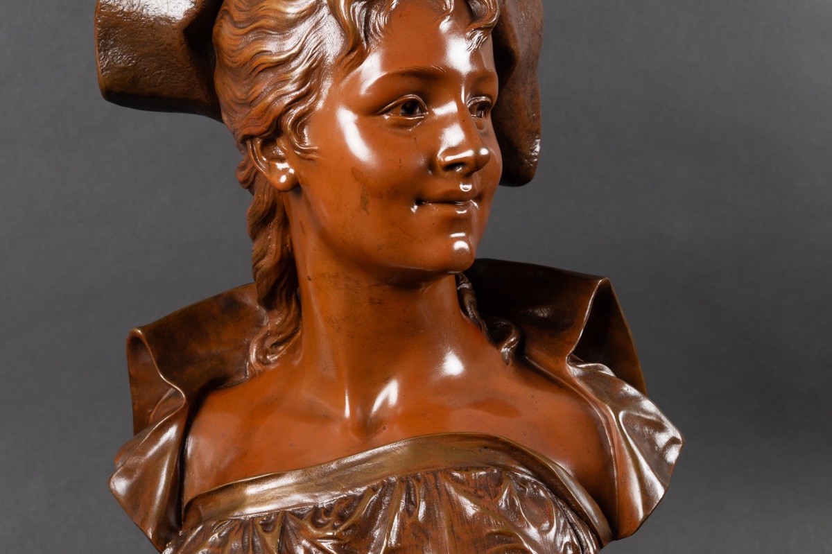 Buste de dame au chapeau, Émile Pinedo (1840-1916), bronze, France, fin du XIXe siècle   -photo-5