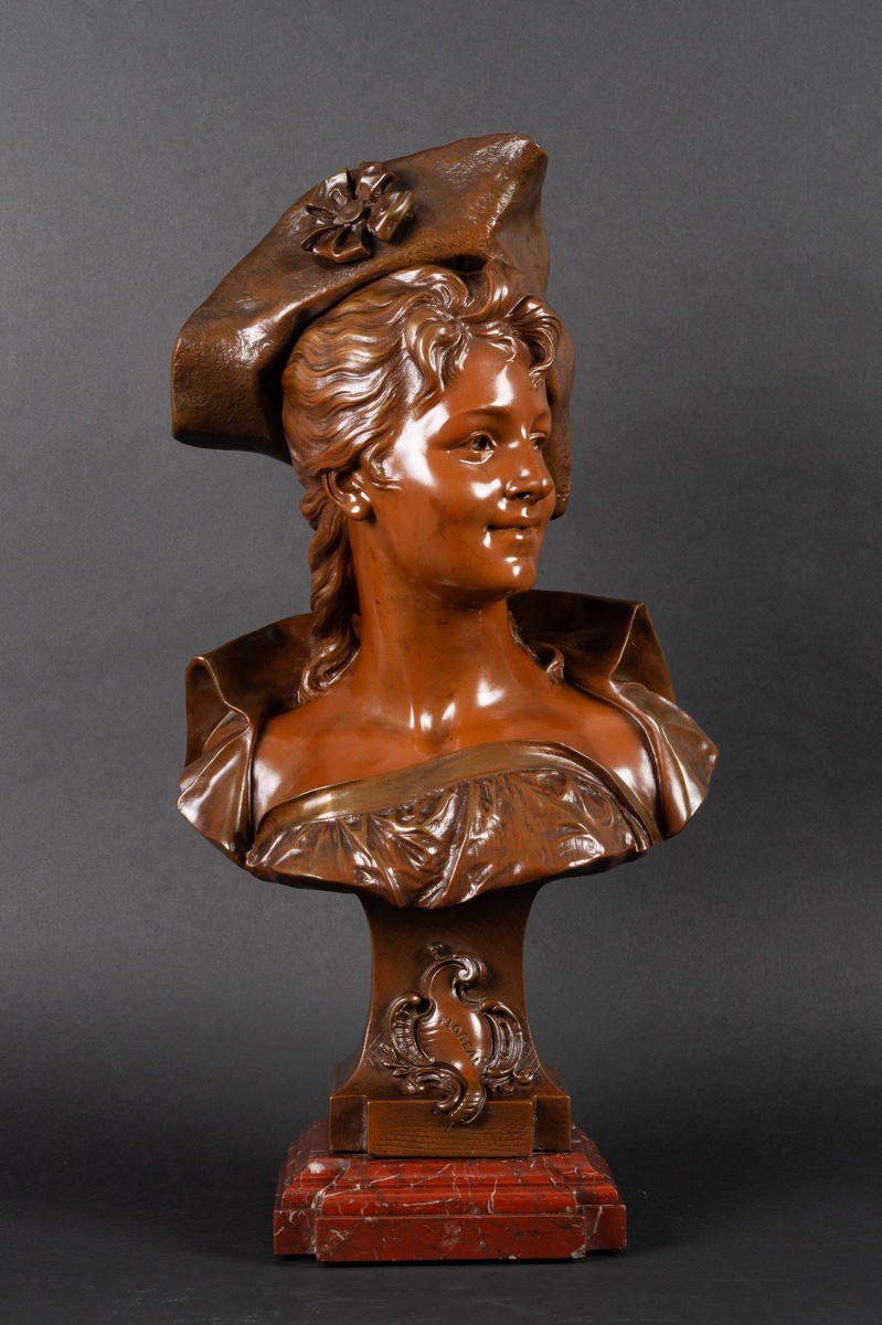 Buste de dame au chapeau, Émile Pinedo (1840-1916), bronze, France, fin du XIXe siècle   