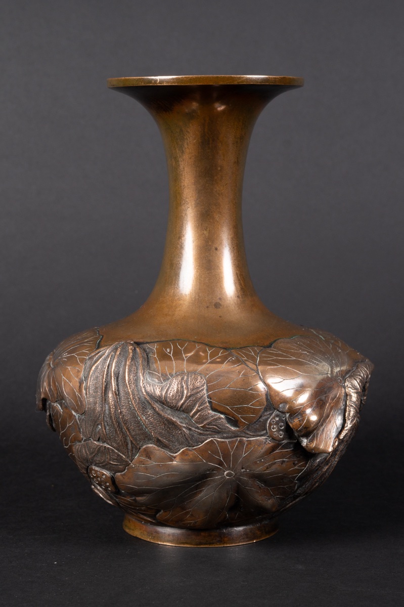 Vase With Lotus Flowers, Bizan, Silver-plated Bronze, Japan, Meiji Era (1868–1912). -photo-3