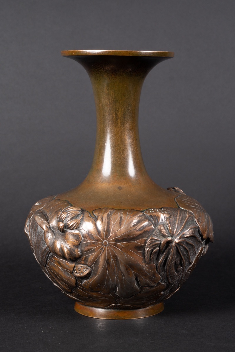 Vase With Lotus Flowers, Bizan, Silver-plated Bronze, Japan, Meiji Era (1868–1912). 