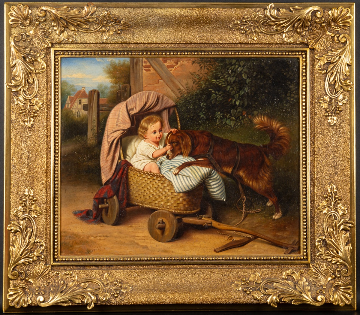 Child In A Pram With A Dog, Monogram B. V. K., 1843, Germany, Biedermeier Period.   -photo-2