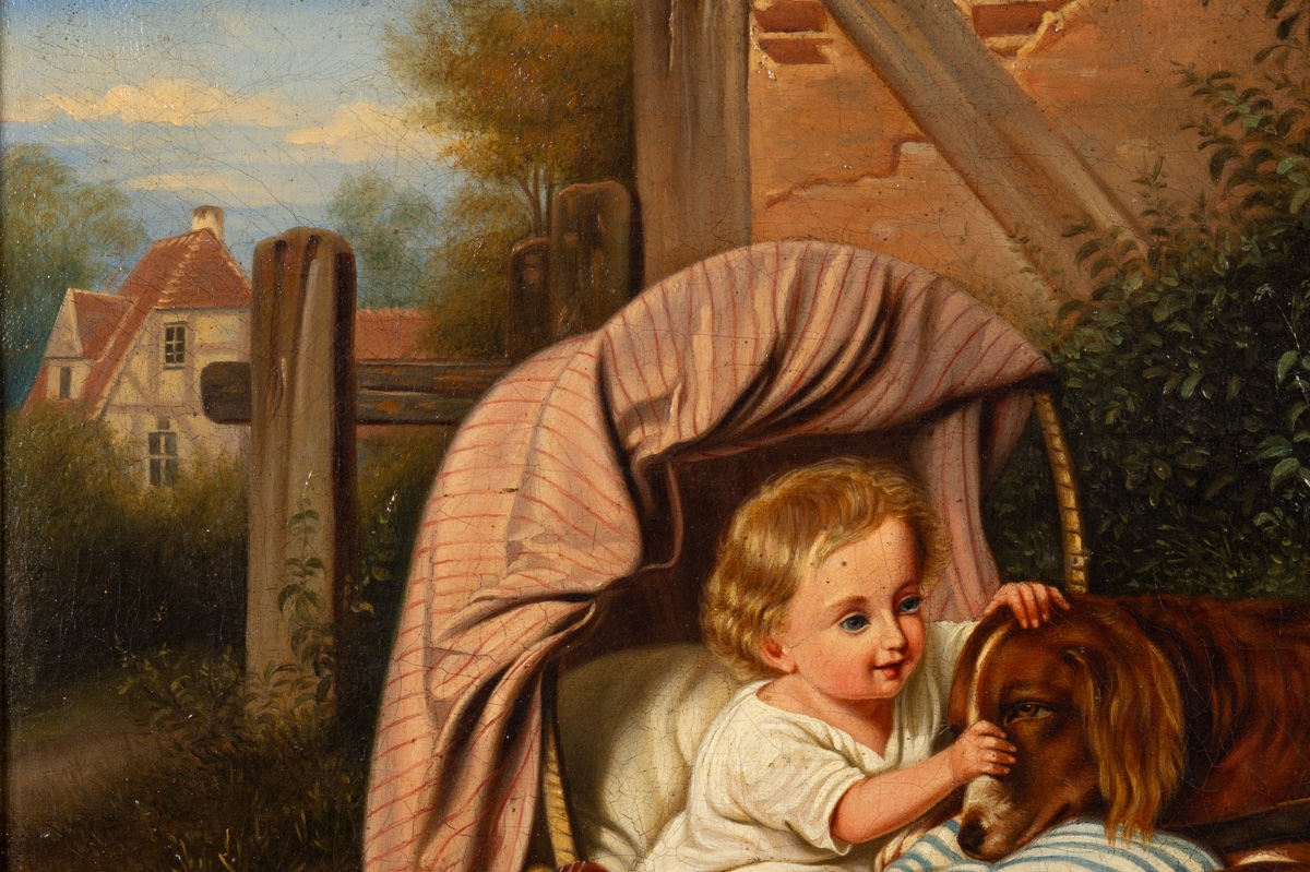 Child In A Pram With A Dog, Monogram B. V. K., 1843, Germany, Biedermeier Period.   -photo-1