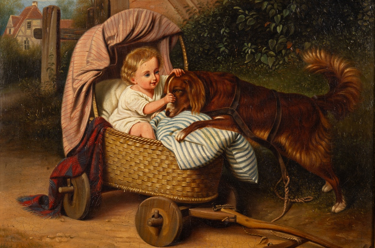 Child In A Pram With A Dog, Monogram B. V. K., 1843, Germany, Biedermeier Period.   